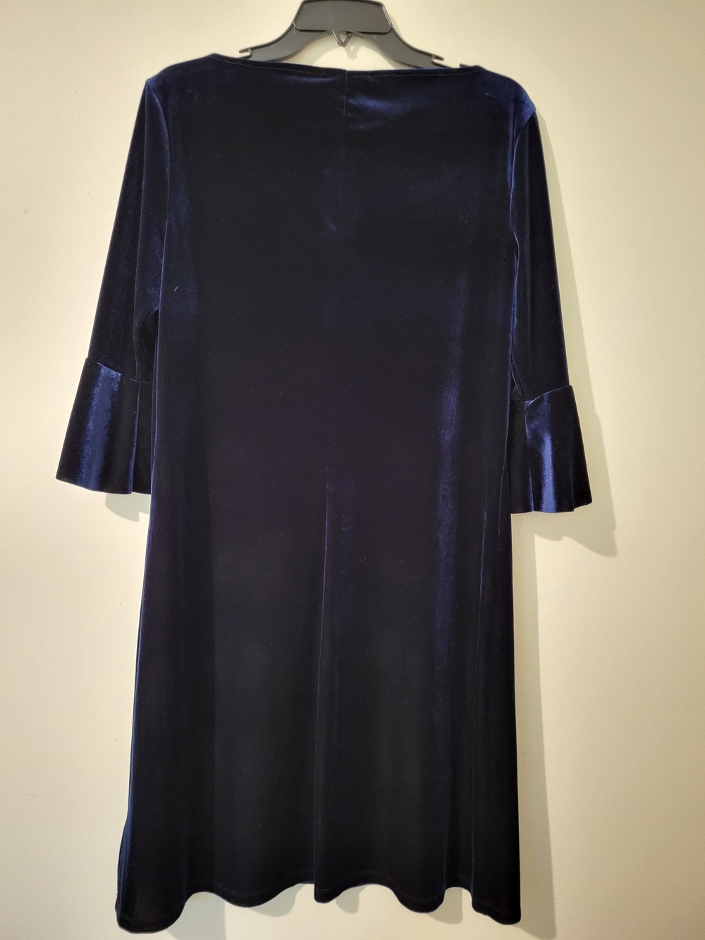 Chaps Navy Velvet Midi Dress with Flared Three-Quarter Bell Sleeves Boat Neck